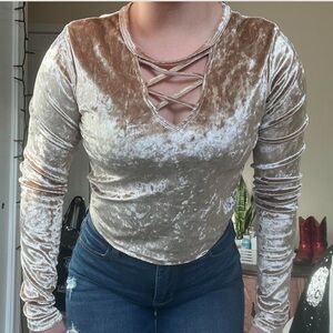 Hollister Velvet Long Sleeve Top w Lace-up Front